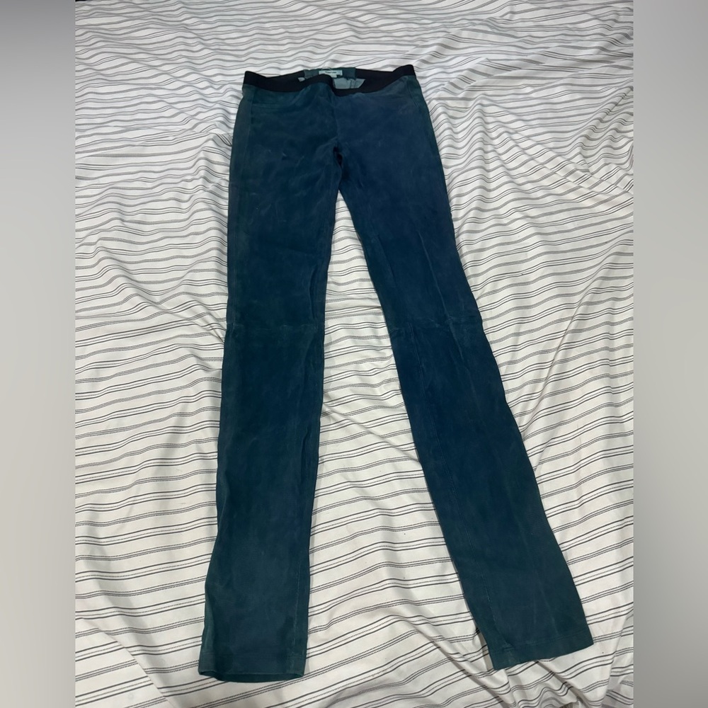Helmut Lang Teal Suede Skinny Pants | Size 6